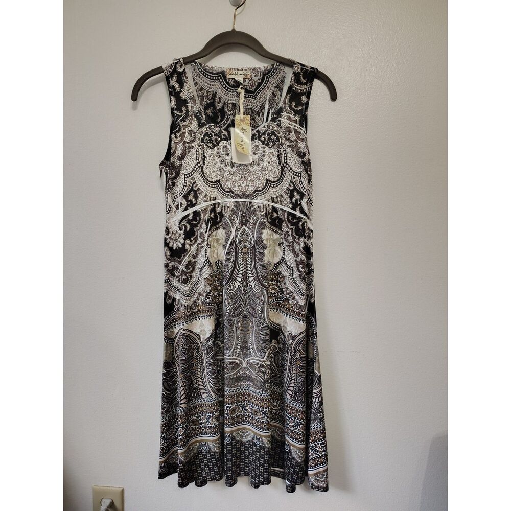 NEW World Unity XS Paisley Boho Midi Dress Studded Rhinestone Sleeveless Stretch - Picture 2 of 7